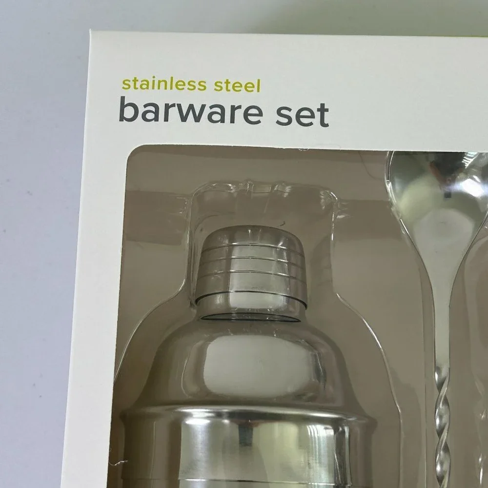 True Barware Cocktail Set Stainless Steel 4 Piece Set Shaker Jigger Strainer NIB